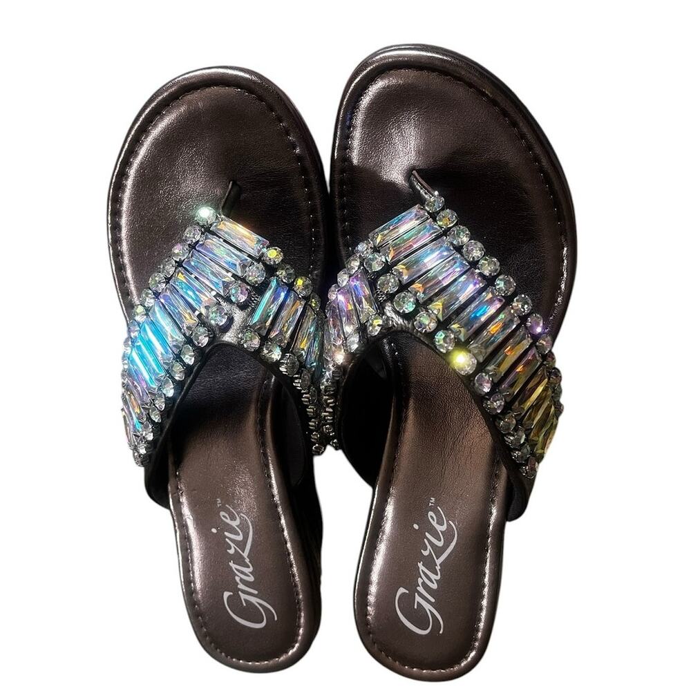 Grazie Wedge Thong Slide w/ Rhinestones & Sequins Size 8 Leather Upper NWOT